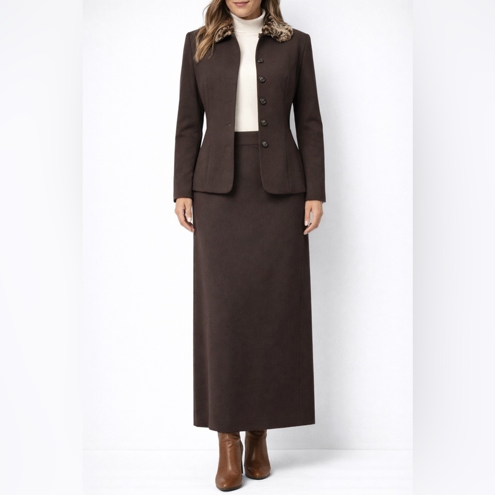 Vintage Brown Wool Skirt Set Faux Fur Collar Quiet Luxury Petite 4P NWT